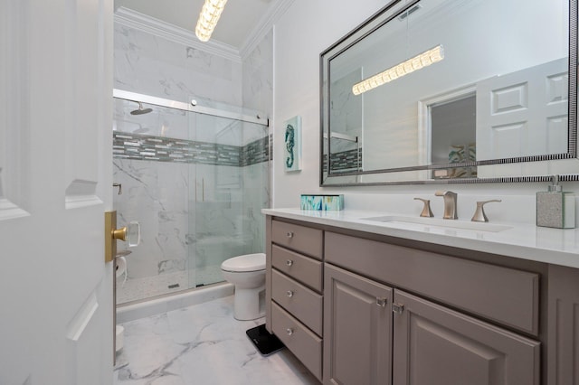 6290 Augusta Cv, Destin, FL 32541 - full bathroom featuring toilet, marble look tiles, a marble finish shower, vanity, and crown molding