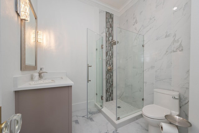 6290 Augusta Cv, Destin, FL 32541 - bathroom featuring marble finish flooring, crown molding, toilet, vanity, and a marble finish shower
