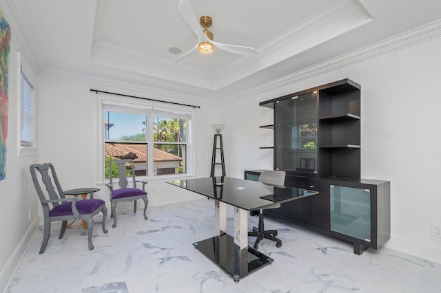 6290 Augusta Cv, Destin, FL 32541 - home office with light marble finish flooring, a tray ceiling, baseboards, a ceiling fan, and ornamental molding