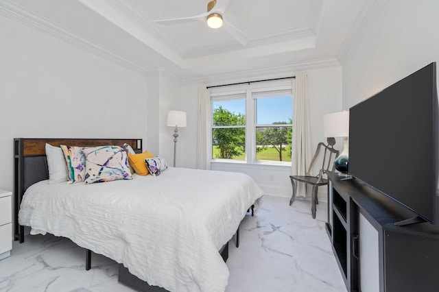6290 Augusta Cv, Destin, FL 32541 - bedroom with marble look tile flooring, a tray ceiling, crown molding, and ceiling fan