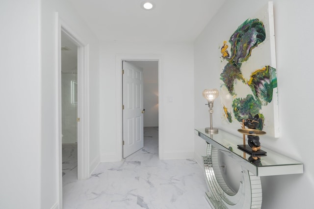 6290 Augusta Cv, Destin, FL 32541 - corridor featuring marble look tile flooring, baseboards, and recessed lighting