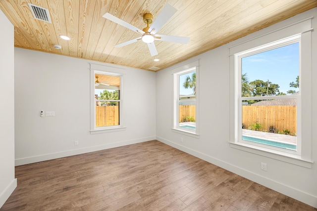 6424 Sunset Ave, Panama City Beach, FL 32408 - unfurnished room with wooden ceiling, healthy amount of natural light, a ceiling fan, wood finished floors, and baseboards