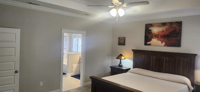 3100 Oriole Dr, Gulf Breeze, FL 32563 - bedroom with baseboards, ornamental molding, ensuite bath, and a ceiling fan