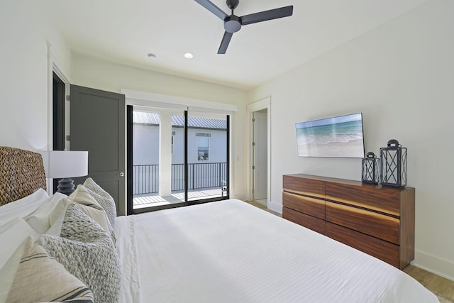 336 S Holiday Rd, Destin, FL 32550 - bedroom with access to exterior, baseboards, wood finished floors, and a ceiling fan