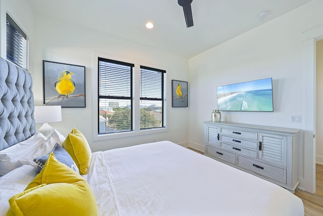 336 S Holiday Rd, Destin, FL 32550 - bedroom featuring baseboards, wood finished floors, recessed lighting, and a ceiling fan