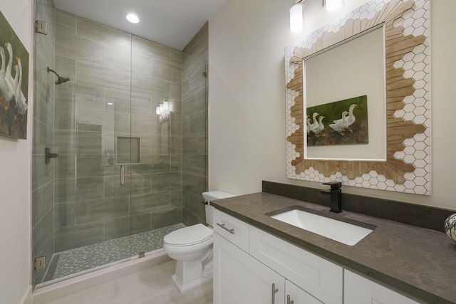 336 S Holiday Rd, Destin, FL 32550 - bathroom featuring a shower stall, toilet, vanity, and recessed lighting