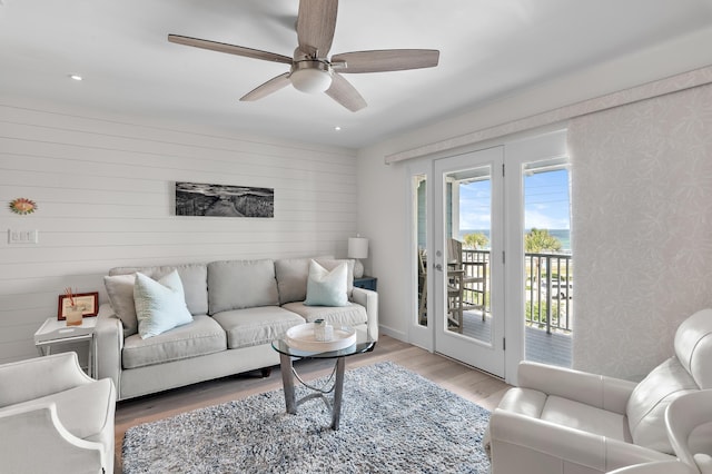 2384 Scenic Gulf Dr Unit C308, Miramar Beach, FL 32550 - living room with wood finished floors, a ceiling fan, recessed lighting, and wallpapered walls