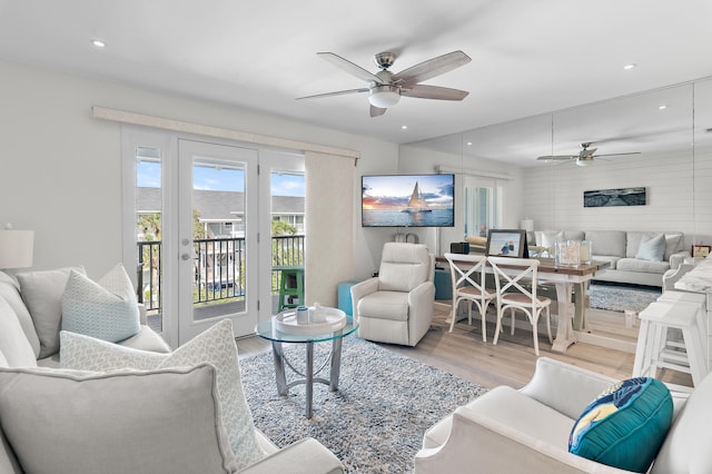 2384 Scenic Gulf Dr Unit C308, Miramar Beach, FL 32550 - living room featuring a ceiling fan, wood finished floors, and recessed lighting