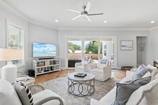 92 Maple St, Santa Rosa Beach, FL 32459 - living area with crown molding, wood finished floors, recessed lighting, and ceiling fan