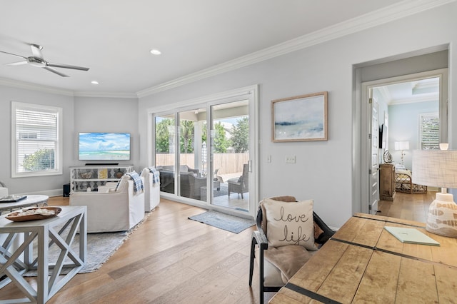 92 Maple St, Santa Rosa Beach, FL 32459 - living room featuring ornamental molding, light wood finished floors, plenty of natural light, a ceiling fan, and recessed lighting