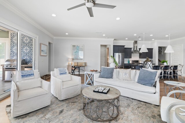 92 Maple St, Santa Rosa Beach, FL 32459 - living room with recessed lighting, light wood finished floors, ceiling fan, and crown molding