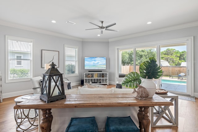 92 Maple St, Santa Rosa Beach, FL 32459 - living room with plenty of natural light, a ceiling fan, light wood-type flooring, ornamental molding, and recessed lighting