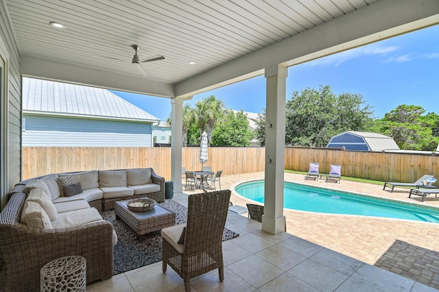 92 Maple St, Santa Rosa Beach, FL 32459 - view of pool featuring an outdoor living space, a patio, a fenced backyard, and ceiling fan