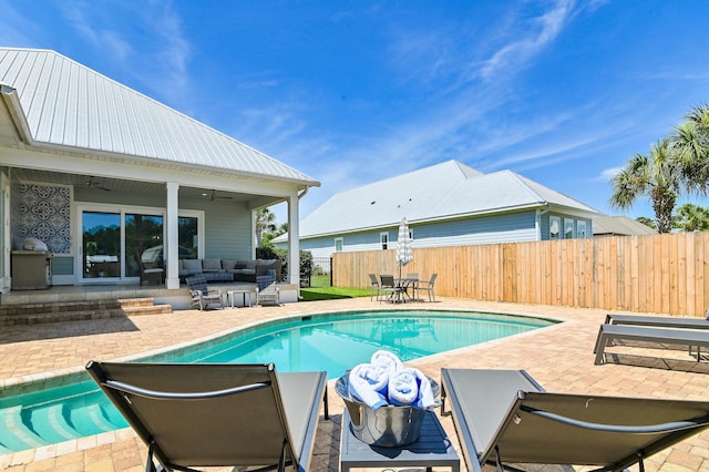 92 Maple St, Santa Rosa Beach, FL 32459 - view of swimming pool with a patio, a fenced backyard, and an outdoor living space