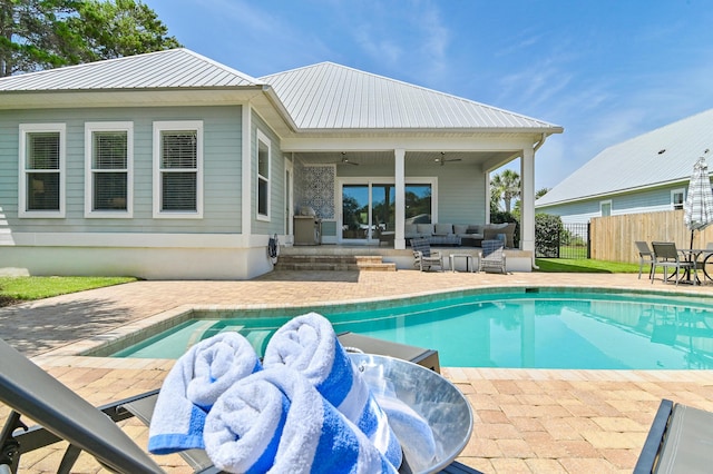 92 Maple St, Santa Rosa Beach, FL 32459 - view of swimming pool featuring a patio, an outdoor hangout area, outdoor dining space, and ceiling fan