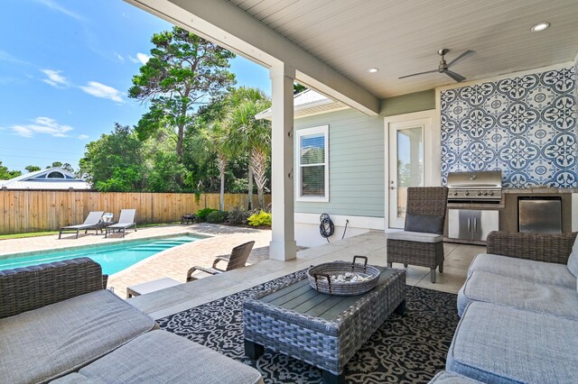 92 Maple St, Santa Rosa Beach, FL 32459 - fenced backyard with area for grilling, a patio area, ceiling fan, and an outdoor living space