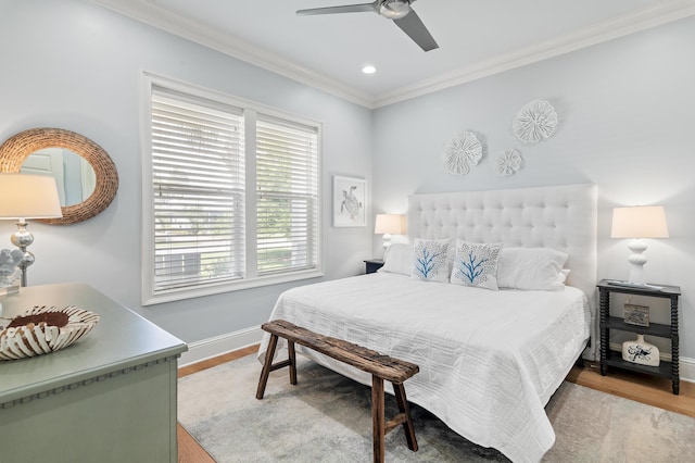 92 Maple St, Santa Rosa Beach, FL 32459 - bedroom with crown molding, multiple windows, wood finished floors, recessed lighting, and a ceiling fan
