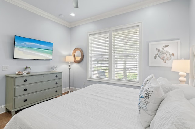 92 Maple St, Santa Rosa Beach, FL 32459 - bedroom with ornamental molding, wood finished floors, recessed lighting, and a ceiling fan