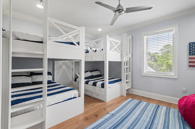 92 Maple St, Santa Rosa Beach, FL 32459 - bedroom with ornamental molding, wood finished floors, recessed lighting, and a ceiling fan