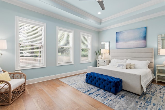 92 Maple St, Santa Rosa Beach, FL 32459 - bedroom with crown molding, wood finished floors, a raised ceiling, recessed lighting, and ceiling fan