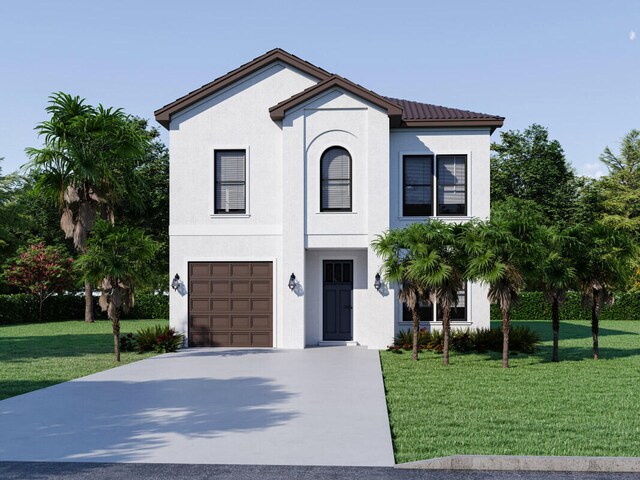 4720 Amhurst Cir, Destin, FL 32541 - view of front of house featuring an attached garage, stucco siding, concrete driveway, and a front lawn