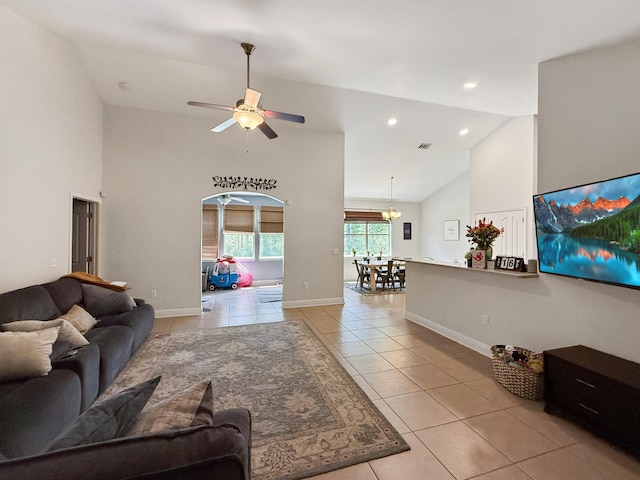 312 Scotch Pine Ln, Crestview, FL 32536 - living area with light tile patterned flooring, high vaulted ceiling, ceiling fan, baseboards, and recessed lighting