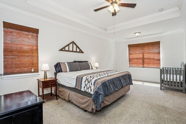 312 Scotch Pine Ln, Crestview, FL 32536 - carpeted bedroom featuring a raised ceiling, ornamental molding, baseboards, and a ceiling fan