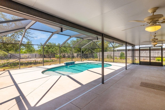 207 E Shipwreck Rd, Santa Rosa Beach, FL 32459 - view of swimming pool featuring ceiling fan, a patio area, a fenced backyard, and a lanai