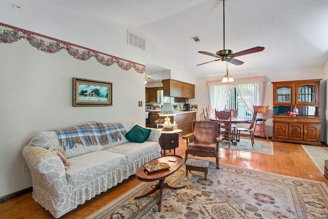 2509 S Lakeview Dr, Crestview, FL 32536 - living area with light wood-style floors, vaulted ceiling, ceiling fan, and a textured ceiling