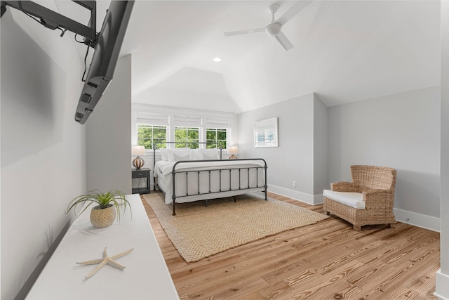 515 Seacrest Dr, Inlet Beach, FL 32461 - bedroom with wood finished floors, vaulted ceiling, baseboards, a ceiling fan, and recessed lighting