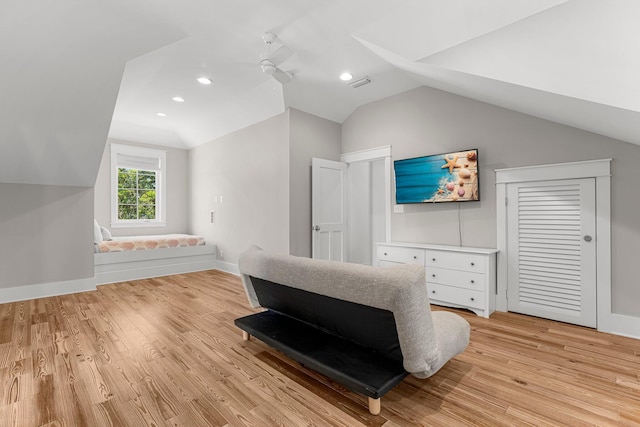 515 Seacrest Dr, Inlet Beach, FL 32461 - bedroom featuring vaulted ceiling, light wood-style floors, recessed lighting, and baseboards