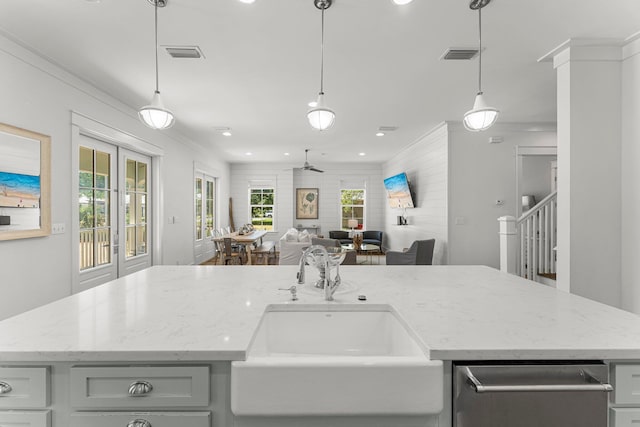 515 Seacrest Dr, Inlet Beach, FL 32461 - kitchen featuring a sink, open floor plan, light stone counters, recessed lighting, and pendant lighting