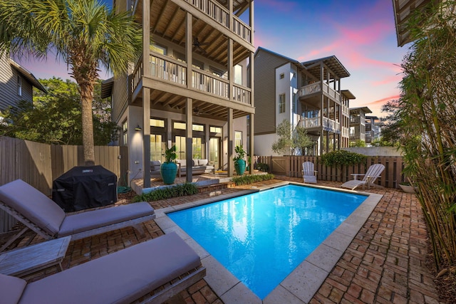 106 N Winston Ln, Inlet Beach, FL 32461 - view of pool with a ceiling fan, area for grilling, a patio area, a fenced backyard, and an outdoor living space