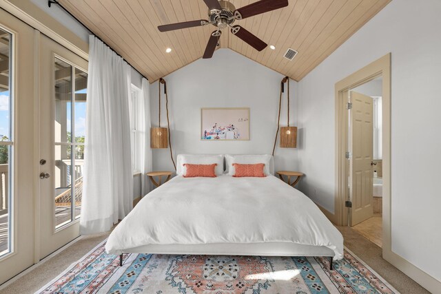 106 N Winston Ln, Inlet Beach, FL 32461 - carpeted bedroom with access to exterior, wood ceiling, ensuite bathroom, and ceiling fan