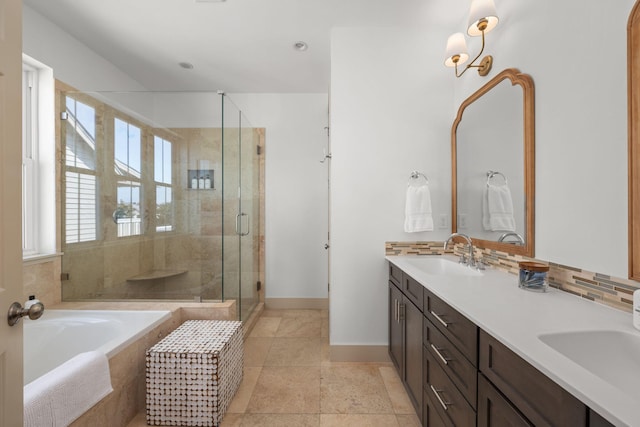 106 N Winston Ln, Inlet Beach, FL 32461 - full bath with a bath, a stall shower, double vanity, and backsplash