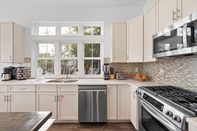 106 N Winston Ln, Inlet Beach, FL 32461 - kitchen featuring stainless steel appliances, backsplash, dark wood-type flooring, light countertops, and white cabinetry