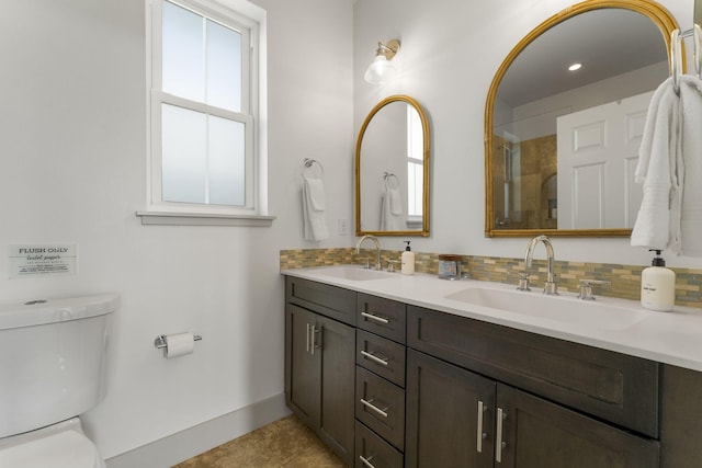 106 N Winston Ln, Inlet Beach, FL 32461 - bathroom with double vanity, tasteful backsplash, a shower, and tile patterned floors