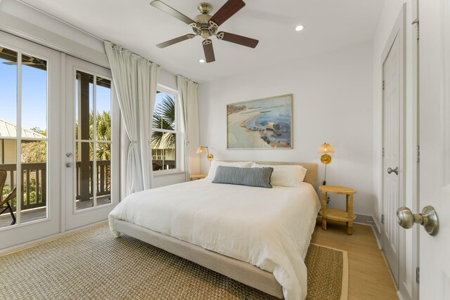106 N Winston Ln, Inlet Beach, FL 32461 - bedroom with access to exterior, recessed lighting, light wood-type flooring, and a ceiling fan
