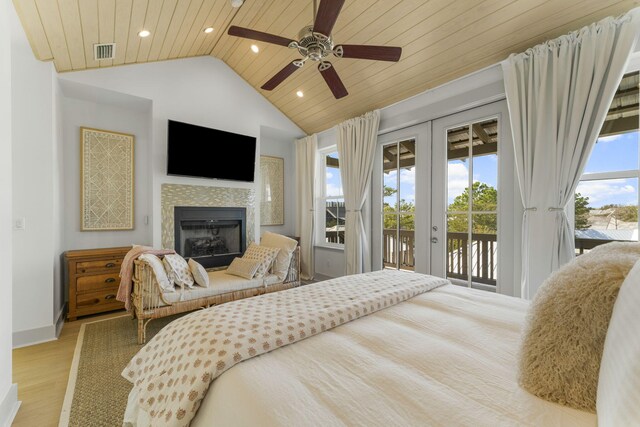 106 N Winston Ln, Inlet Beach, FL 32461 - bedroom featuring wood ceiling, access to exterior, recessed lighting, wood finished floors, and lofted ceiling