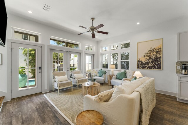 106 N Winston Ln, Inlet Beach, FL 32461 - living room featuring ceiling fan, dark wood-style floors, recessed lighting, and french doors