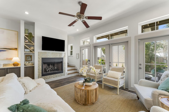 106 N Winston Ln, Inlet Beach, FL 32461 - living room with healthy amount of natural light, wood finished floors, a fireplace, ceiling fan, and recessed lighting