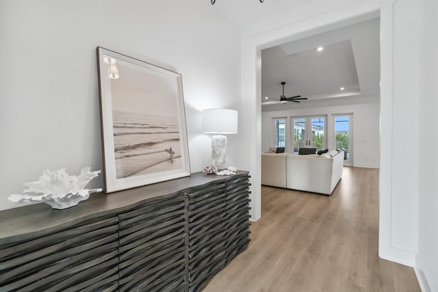 425 W Lafayette, Inlet Beach, FL 32461 - corridor with a tray ceiling, wood finished floors, and recessed lighting