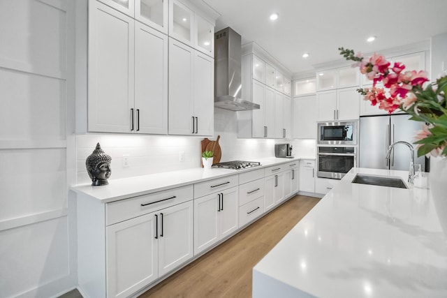 425 W Lafayette, Inlet Beach, FL 32461 - kitchen featuring stainless steel appliances, wall chimney exhaust hood, a sink, light wood finished floors, and light countertops