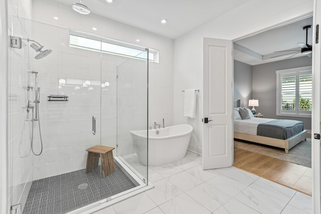 425 W Lafayette, Inlet Beach, FL 32461 - ensuite bathroom with a stall shower, a freestanding tub, healthy amount of natural light, ceiling fan, and recessed lighting