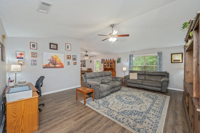 41 S Hidden Lakes Trl, Defuniak Springs, FL 32433 - living area with ceiling fan, a desk, lofted ceiling, baseboards, and dark wood-style floors