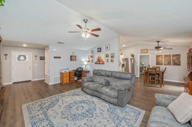 41 S Hidden Lakes Trl, Defuniak Springs, FL 32433 - living area with ceiling fan, lofted ceiling, a desk, wood finished floors, and baseboards