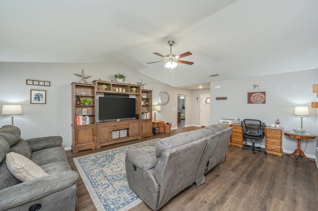 41 S Hidden Lakes Trl, Defuniak Springs, FL 32433 - living room with lofted ceiling, a ceiling fan, wood finished floors, and baseboards