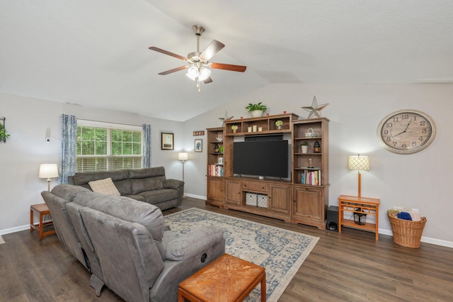 41 S Hidden Lakes Trl, Defuniak Springs, FL 32433 - living area with a ceiling fan, vaulted ceiling, baseboards, and dark wood finished floors