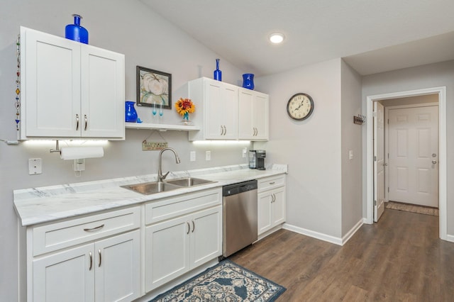41 S Hidden Lakes Trl, Defuniak Springs, FL 32433 - kitchen featuring stainless steel dishwasher, a sink, baseboards, dark wood-style floors, and white cabinets