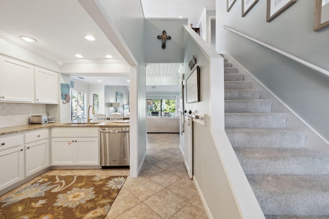 5144 Beachwalk Cir, Miramar Beach, FL 32550 - stairs featuring tile patterned flooring, ornamental molding, and recessed lighting